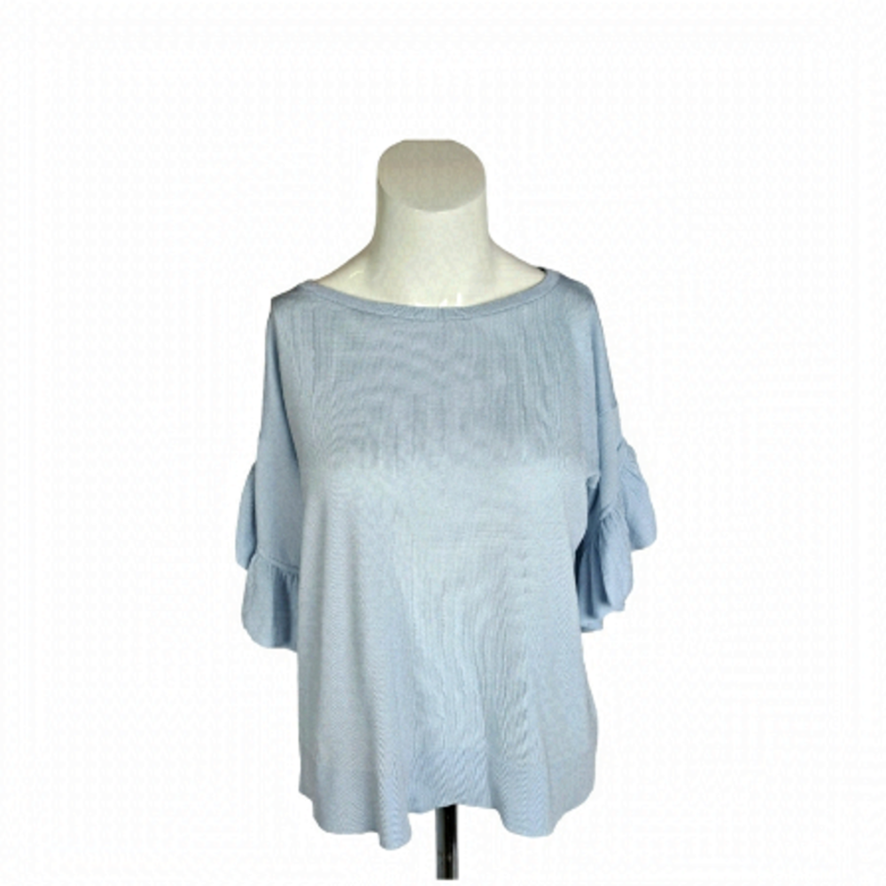 CLUB MONACO Women's Light Blue Ruffled Short Sleeve Blouse